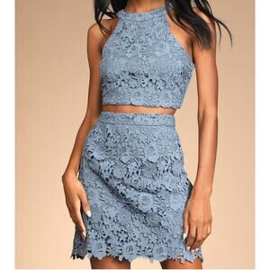 Lulus Loveliest Romance Blue Crochet Lace Halter Two Piece Mini Dress Sz Sml